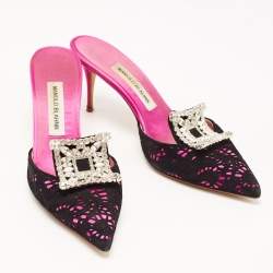 Pre Owned Manolo Blahnik Pink/Black  Satin and Lace Borli Crystal Embellished Mules Size 39.5 