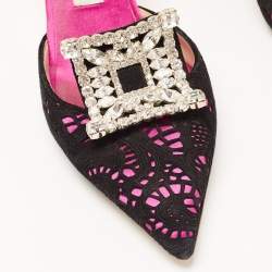 Pre Owned Manolo Blahnik Pink/Black  Satin and Lace Borli Crystal Embellished Mules Size 39.5 