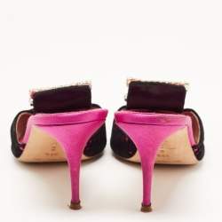 Pre Owned Manolo Blahnik Pink/Black  Satin and Lace Borli Crystal Embellished Mules Size 39.5 