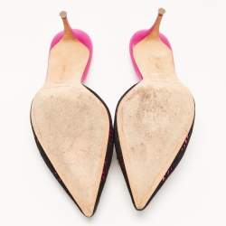 Pre Owned Manolo Blahnik Pink/Black  Satin and Lace Borli Crystal Embellished Mules Size 39.5 