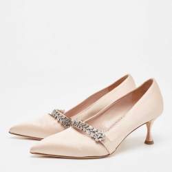 Pre Owned Manolo Blahnik Light Pink Satin Crystal Embellished Pumps Size 38
