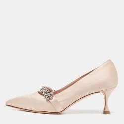 Pre Owned Manolo Blahnik Light Pink Satin Crystal Embellished Pumps Size 38