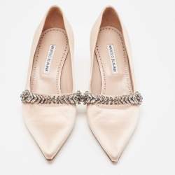 Pre Owned Manolo Blahnik Light Pink Satin Crystal Embellished Pumps Size 38