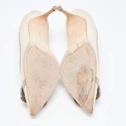Pre Owned Manolo Blahnik Cream/Grey Satin Gotrian Crystals Pumps Size  37.5