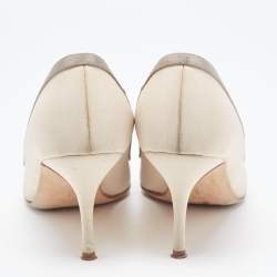 Pre Owned Manolo Blahnik Cream/Grey Satin Gotrian Crystals Pumps Size  37.5