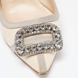 Pre Owned Manolo Blahnik Cream/Grey Satin Gotrian Crystals Pumps Size  37.5