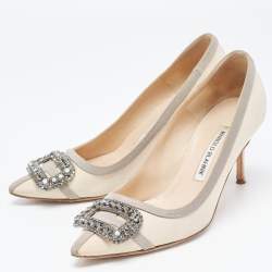 Pre Owned Manolo Blahnik Cream/Grey Satin Gotrian Crystals Pumps Size  37.5