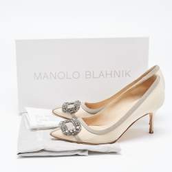 Pre Owned Manolo Blahnik Cream/Grey Satin Gotrian Crystals Pumps Size  37.5