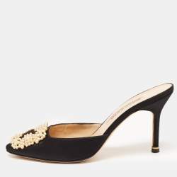 Manolo Blahnik Black Satin Hangisi Mules Size 37.5