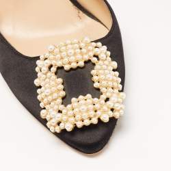 Manolo Blahnik Black Satin Hangisi Mules Size 37.5