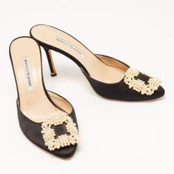 Manolo Blahnik Black Satin Hangisi Mules Size 37.5