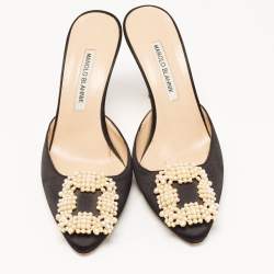 Manolo Blahnik Black Satin Hangisi Mules Size 37.5