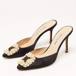 Manolo Blahnik Black Satin Hangisi Mules Size 37.5