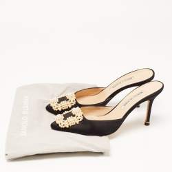 Manolo Blahnik Black Satin Hangisi Mules Size 37.5