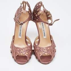 Pre Owned Manolo Blahnik Metallic Leather Ankle Strap Sandals Size 37