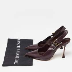 Pre Owned Manolo Blahnik Burgundy Leather Pointed Toe Slingback Pumps Size 38