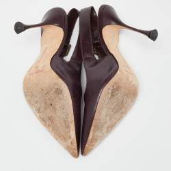 Pre Owned Manolo Blahnik Burgundy Leather Pointed Toe Slingback Pumps Size 38