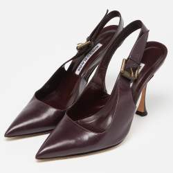 Pre Owned Manolo Blahnik Burgundy Leather Pointed Toe Slingback Pumps Size 38
