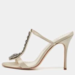 Manolo Blahnik Cream/Off-White Satin and Leather Eridania Sandals Size 39