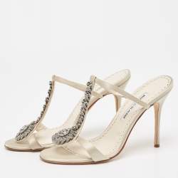 Manolo Blahnik Cream/Off-White Satin and Leather Eridania Sandals Size 39