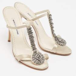 Manolo Blahnik Cream/Off-White Satin and Leather Eridania Sandals Size 39
