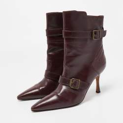 Manolo Blahnik Burgundy Leather Ankle Boots Size 37.5