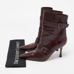 Manolo Blahnik Burgundy Leather Ankle Boots Size 37.5
