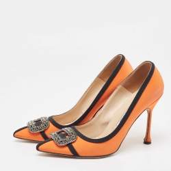 Pre Owned Manolo Blahnik Orange/Black Fabric Gotrian Pumps Size 39.5