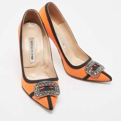 Pre Owned Manolo Blahnik Orange/Black Fabric Gotrian Pumps Size 39.5
