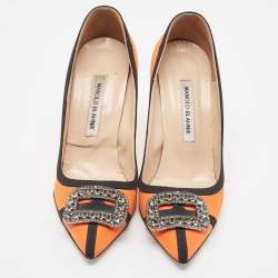 Pre Owned Manolo Blahnik Orange/Black Fabric Gotrian Pumps Size 39.5
