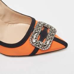 Pre Owned Manolo Blahnik Orange/Black Fabric Gotrian Pumps Size 39.5