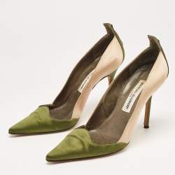 Pre Owned Manolo Blahnik Green/Beige Satin Scallop Pumps Size 38