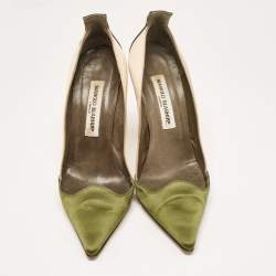 Pre Owned Manolo Blahnik Green/Beige Satin Scallop Pumps Size 38