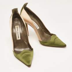 Pre Owned Manolo Blahnik Green/Beige Satin Scallop Pumps Size 38