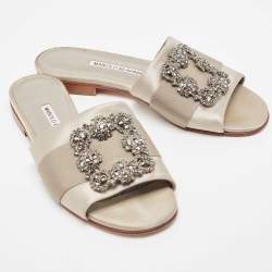 Manolo Blahnik Grey Satin Martamod  Flat Slides Size 38 