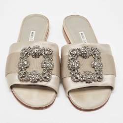 Manolo Blahnik Grey Satin Martamod  Flat Slides Size 38 