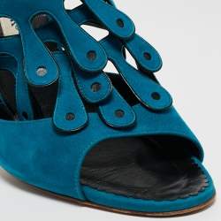 Pre Owned Manolo Blahnik Blue Suede Toubib Ankle Strap Sandals Size 40