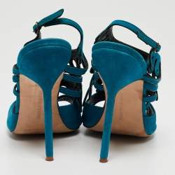 Pre Owned Manolo Blahnik Blue Suede Toubib Ankle Strap Sandals Size 40