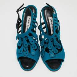 Pre Owned Manolo Blahnik Blue Suede Toubib Ankle Strap Sandals Size 40