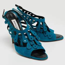 Pre Owned Manolo Blahnik Blue Suede Toubib Ankle Strap Sandals Size 40