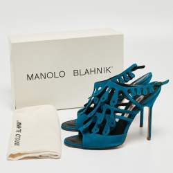 Pre Owned Manolo Blahnik Blue Suede Toubib Ankle Strap Sandals Size 40