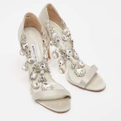 Pre Owned Manolo Blahnik Silver Satin Crystal Embellished Ankle Strap Sandals Size 37
