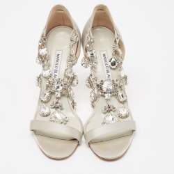 Pre Owned Manolo Blahnik Silver Satin Crystal Embellished Ankle Strap Sandals Size 37
