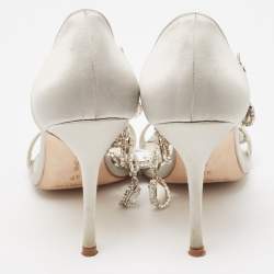 Pre Owned Manolo Blahnik Silver Satin Crystal Embellished Ankle Strap Sandals Size 37