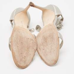 Pre Owned Manolo Blahnik Silver Satin Crystal Embellished Ankle Strap Sandals Size 37