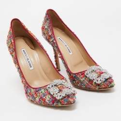 Pre Owned Manolo Blahnik Multicolor Tweed Hangisi Pumps Size 38.5
