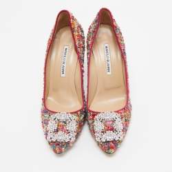 Pre Owned Manolo Blahnik Multicolor Tweed Hangisi Pumps Size 38.5