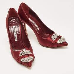 Pre Owned Manolo Blahnik Burgundy Satin Crystal Embellished Pointed Toe Pumps Size 36