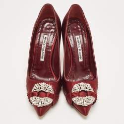 Pre Owned Manolo Blahnik Burgundy Satin Crystal Embellished Pointed Toe Pumps Size 36