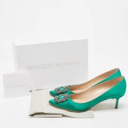 Pre Owned Manolo Blahnik Green Satin Hangisi Pumps Size 41.5